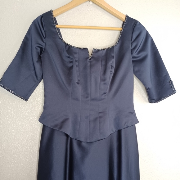 Mori Lee Satin Blue Mother of The Bride Floor Length Evening Gown - Picture 4 of 16